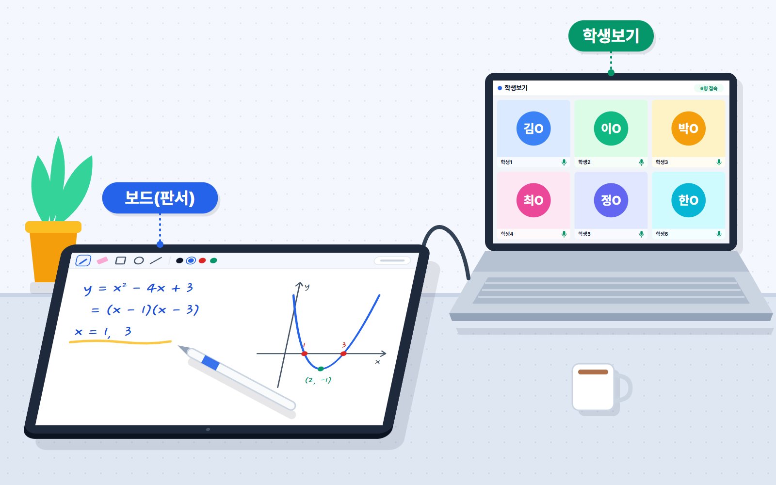 강사 책상 전체 모습 — 노트북 옆에 와콤원 펜 화면을 연결해 놓았다